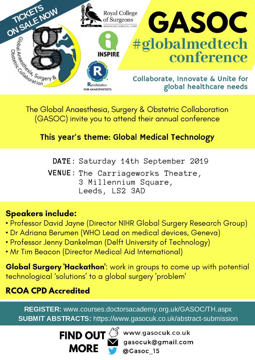 Come along to the @GASOC_2015 conference on Saturday 14 September in Leeds on #GlobalMedTech!
Abstracts deadline: 16 August

#SoMe4GlobalSurgery
Register here: gasocuk.co.uk/annual-confere…
