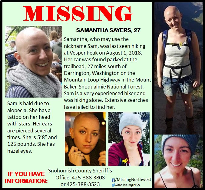 MissingNW's tweet image. One year ago, Sam Sayers went #hiking in the North Cascades of #Washington and did not return. Despite thousands of hours of searching, no trace of her was found and she remains #missing. Hikers in the Vesper Peak area, please keep your eyes open for Sam and her gear.
