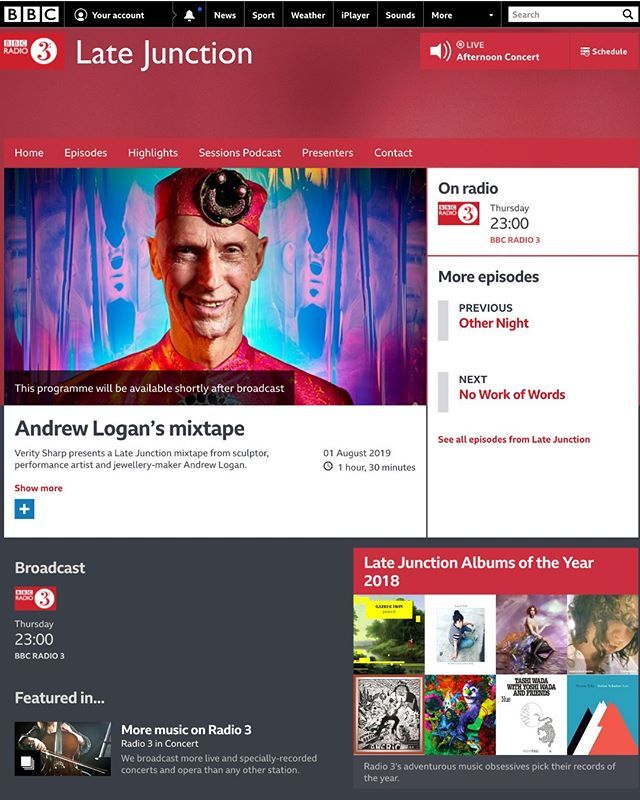 AndrewLoganAMW's tweet photo. My #Mixtape for@bbcradio3 Late Junction with Verity Sharp will be broadcast today at 23.00 G.M.T
Copy and paste the following link https://t.co/JFHaztmfql
@reduced.listening
#AndrewLogan #Sculptor #ArtisticAdventure
#LateJunction #VeritySharp https://t.co/R7rfFx0zOt https://t.co/ThldBy595p