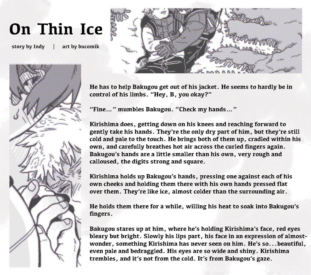 Here's a preview for my collaboration piece with <a href="/indigowhen/">Indy</a> for the <a href="/krbkascent/">Ascent, a kiribaku anthology | CLOSED</a> anthology!!
Indy's writing perfectly balances angst &amp; longing in the face of danger, and delivers all the emotions that come w it 😭🙏💞

Preorders are open until Aug 18th!
krbkascent.bigcartel.com