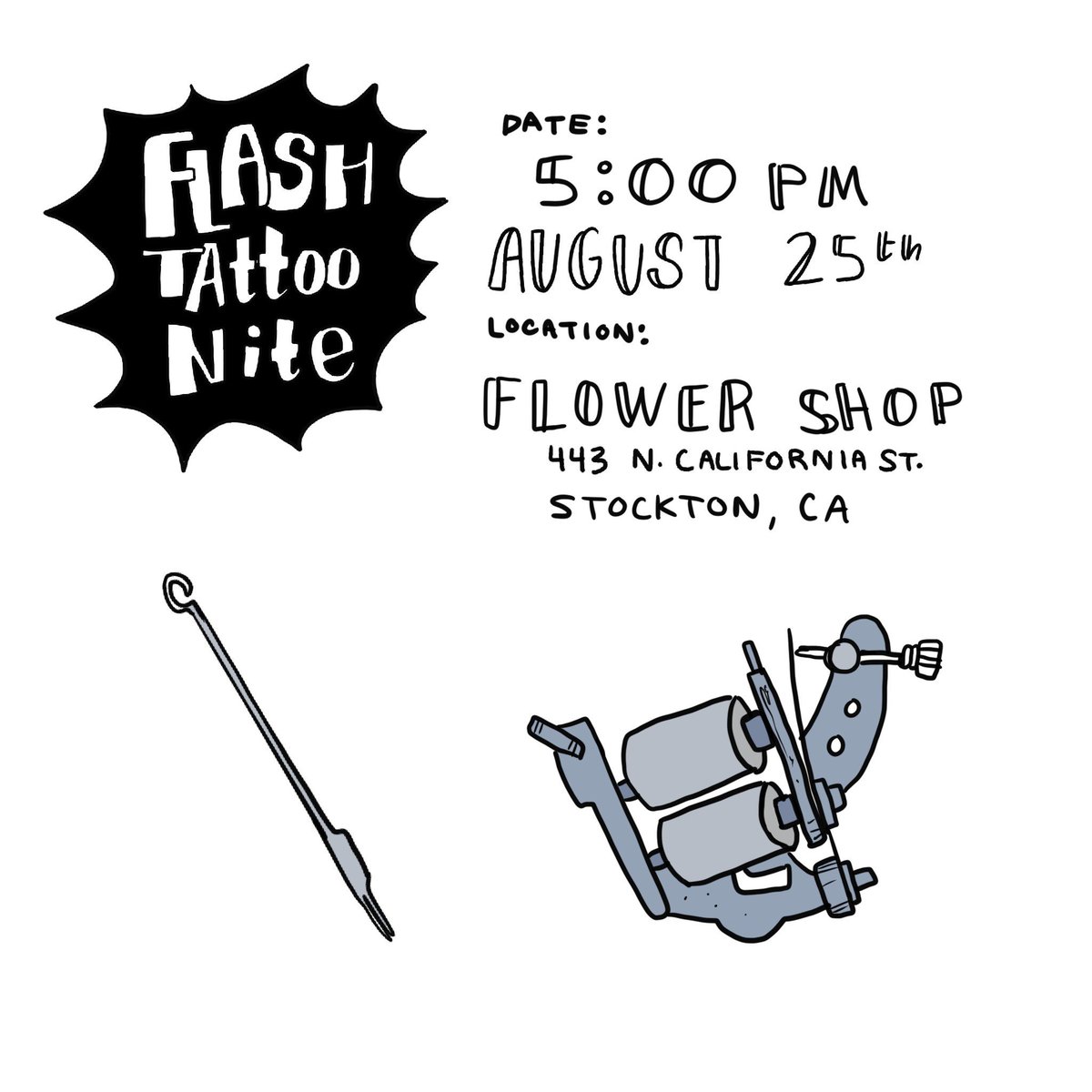 HEY GUYS ⁦@go8lin_⁩  , Izzy, and I are hosting a FLASH TATTOO NITE! 
August 25th at 5 pm in the Flower shop!!
We’re getting a bunch of tattoo/sticknpoke artists to join us so be there for some 🔥 artwork!!