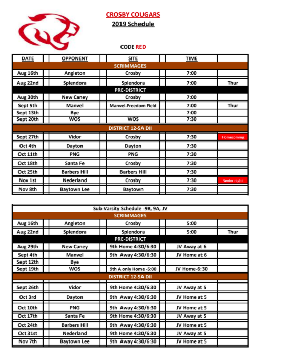 Crosby Cougar Football is near!!! 
#EATTNT
#COUGARPRIDE
Players to watch:
2020 LB #27 Hunter Bailey <a href="/hunterbailey52/">Hunter Bailey</a> 
#RecruitCrosby

hudl.com/video/3/803211…