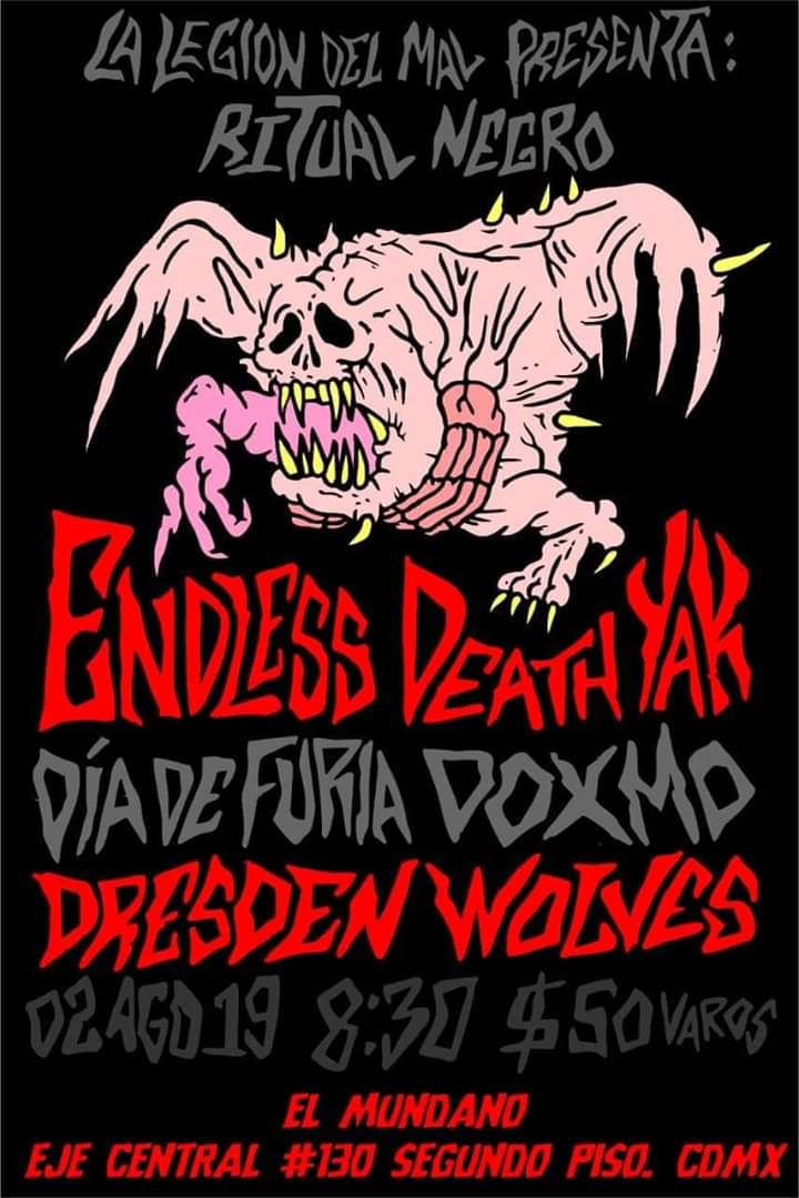 death_yak's tweet photo. Nos vemos mañana en @ForoElMundano para el Ritual Negro

@endless @DresdenWolves @DiadeFuriaMx @doxmo y @death_yak 

$50 Cover

Organizado por @HueleALegion 

#DeathYak #Endless #DresdenWolves #Doxmo #DiaDeFuriaMx #RitualNegro #ForoMundano #LegionDelMal #Metal #Stoner #Rock https://t.co/XKFCU6uc1S
