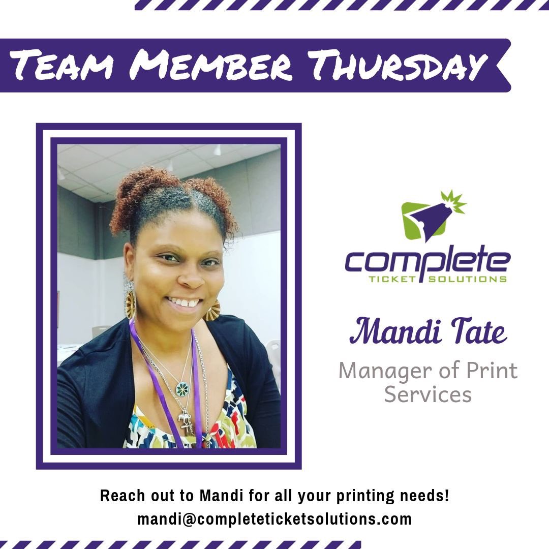 CTSBoxOffice's tweet image. 🌟 #TeamMemberThursday! 🌟
Meet Mandi Tate, our Manager of Print Services! For the past 13 years, Mandi has enjoyed creating amazing artwork for our clients. She enjoys participating in psychic fairs 🔮, history documentaries &amp;amp; hanging with her godchildren. #CTS #customtickets