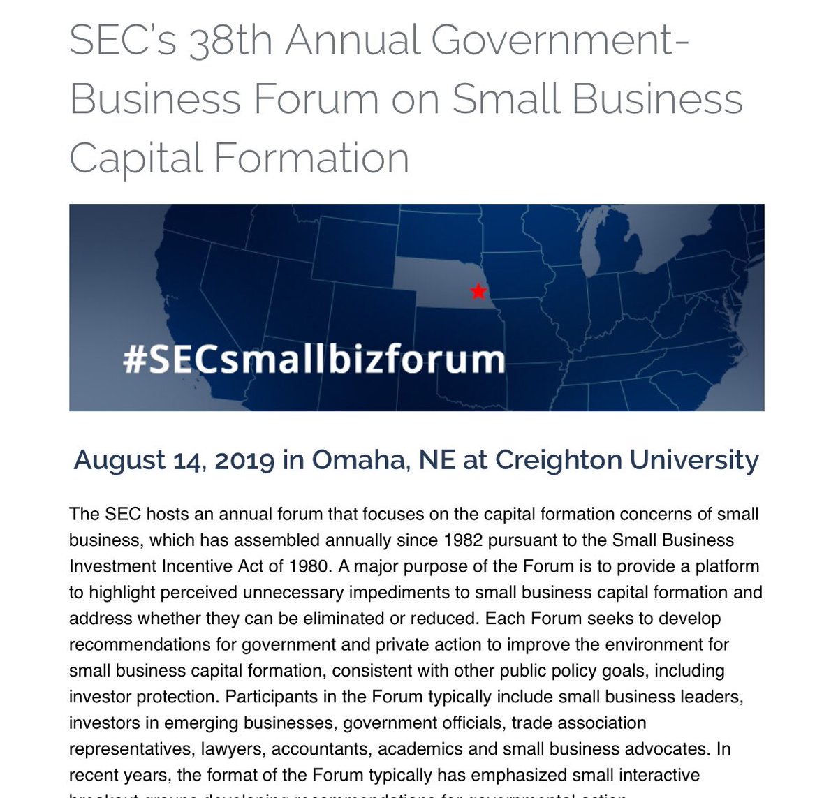 #Entrepreneurs, #investors, and business leaders: The SEC is hosting its annual forum that focuses on the capital formation concerns of small business on August 14 sec.gov/oasb/sbforum #SECsmallbizforum