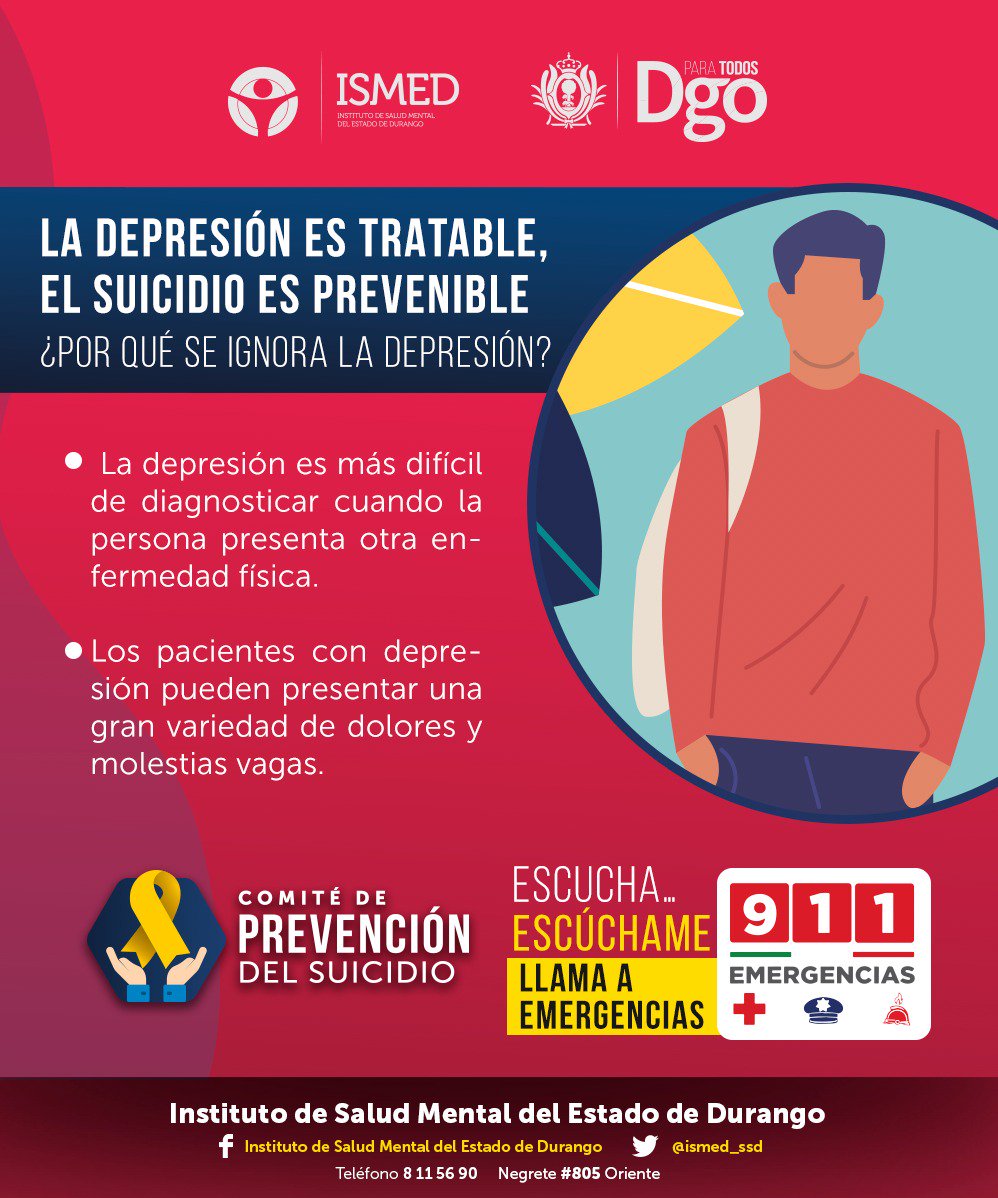 Compartimos esta información importante respecto al diagnóstico más frecuente en la problemática del suicidio. La #depresión es tratable, el #suicidio es prevenible <a href="/gobdgo/">GobDgo</a> <a href="/AispuroDurango/">José R. Aispuro T.</a>