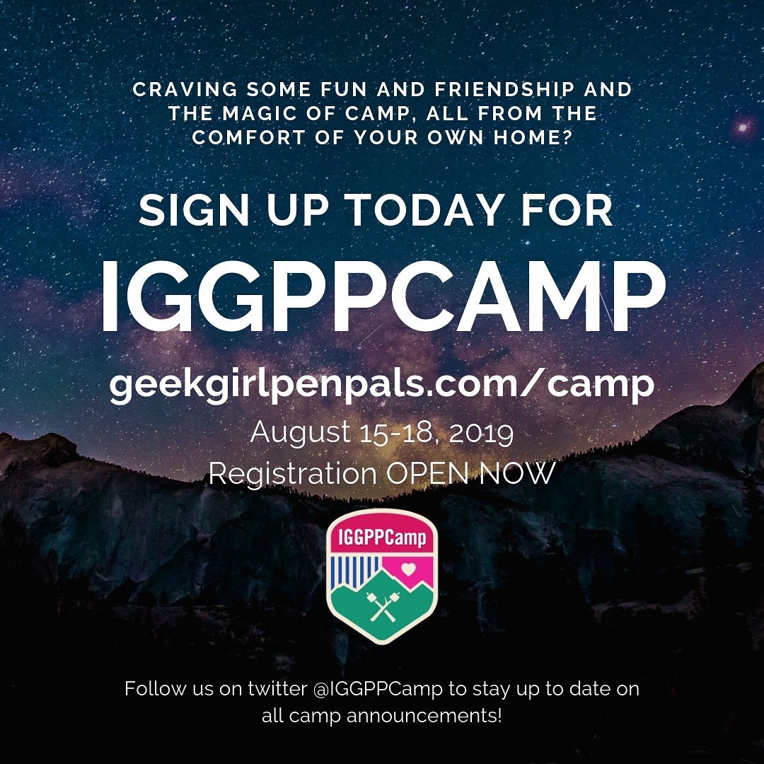 geekgirlpenpals's tweet photo. Registration for IGGPPCamp 2019 is OPEN NOW. Go to https://t.co/gxTxKU0I6g to sign up for a troop! Troop assignments will be released a few days after registration closes on August 7. Camp is August 15-18! Questions? Ask below!
#IGGPPC #IGGPPCamp #onlinecamp #friendship #penpals https://t.co/WfsEBuJP1h