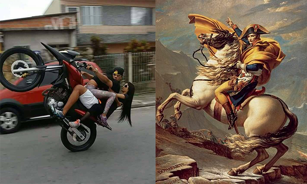 Historical Footage Made In Brazil on X: on the left: Napoleon crossing the  Alps - oil on canvas by Jacques-Louis David, 1801-1805. on the right: Lek  dando grau na moto. Osasco, 2019