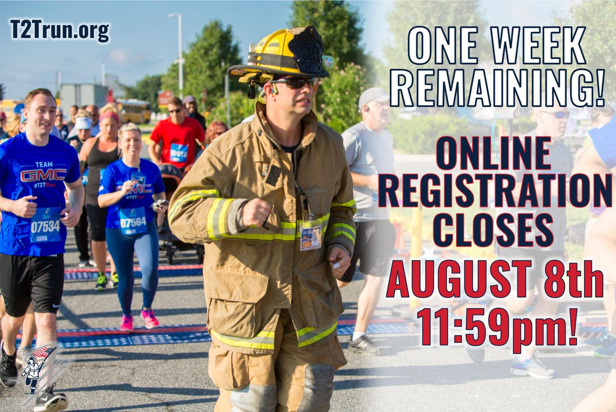 T2Tdelmarva's tweet photo. We are only ONE WEEK away from online registration closing! Beat the $10 price increase on event day!! Visit https://t.co/w0wd1X6OOO and register today!! #Tunnel2Towers #Delmarva #5K #Run #Walk #LewesDE #DoGood #FirstResponers #GoldStarFamilies #Military https://t.co/H0NTjJrVcy