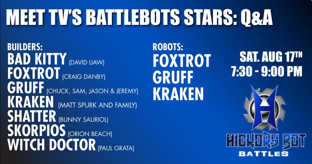 Come meet the stars on TV’s <a href="/BattleBots/">BattleBots</a> during our Q&amp;A session after the matches! Robots Foxtrot, Gruff, &amp; <a href="/KrakenBattlebot/">Kraken The BattleBot</a> will be LIVE in person &amp; builders from teams <a href="/TeamThinkTank/">Brad the Battlebots builder</a> , <a href="/teamDanby/">Team Danby</a> Gruff, Kraken, <a href="/Bots_F_C/">Bots FC</a> , Skorpios, &amp; Witch Doctor will be here too!

#battlebots