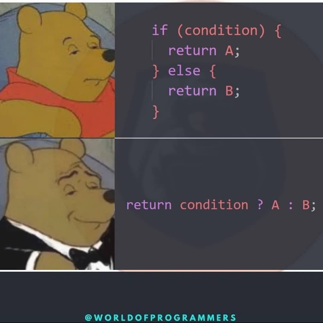 promptdeploy's tweet image. Do you use the ternary operator?
👨💻🖥️👨💻
#ternary #ternaryoperator #programmerhumor #programmingmemes #coding #codinghumor #programmer #programminglanguage #java #javascript #python #css #html #cplusplus #cpp #ruby #swift #visualbasics #visualstudio #developer
