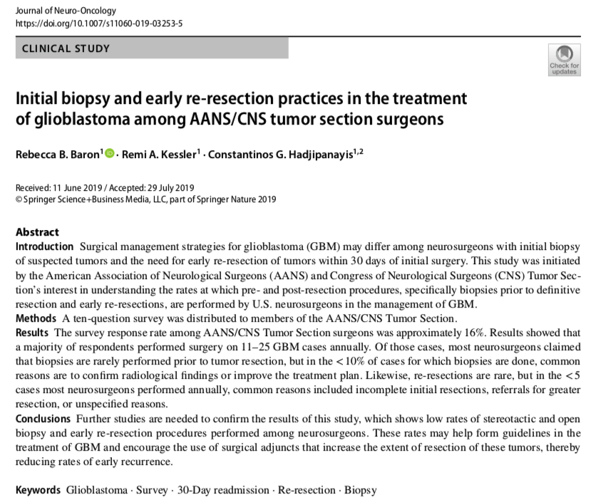 RebeccaBBaron's tweet photo. Our latest publication in the @JNeurooncol on initial #biopsy and #reresection practices among @NSTumorSection surgeons when treating patients with #glioblastoma. @hadjiMDPhD @RemiKessler @AANSNeuro @CNS_Update https://t.co/E32uD9ffkS