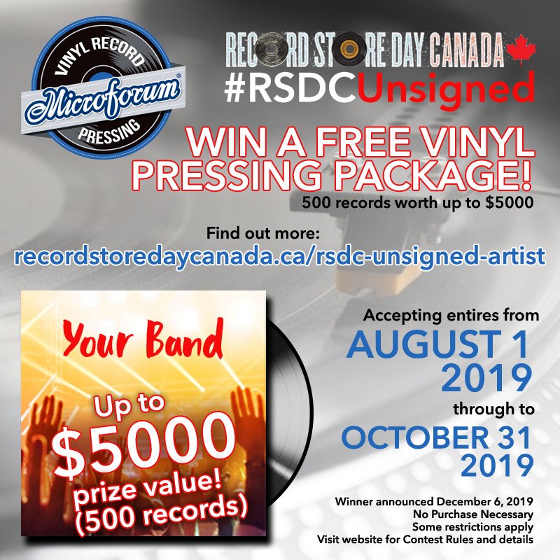 RSDCanada's tweet photo. #RSDCUnsigned
Dream of having your record released on vinyl? The RSDC competition is now on, One unsigned Canadian artist/Band will have the chance to get their music pressed on 500 vinyl records by #Microforum. For more information head over to: https://t.co/oT4tTvYf5a https://t.co/xdr4EygWmJ