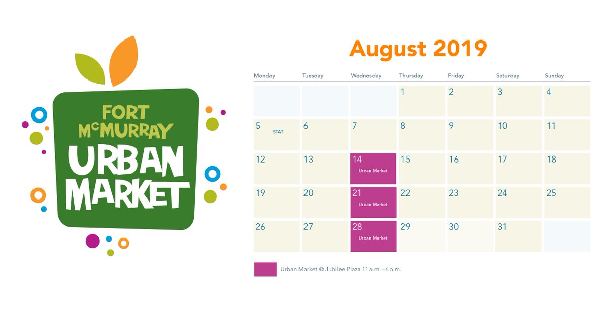 Urban Market dates for August: 
August 14 - Local Food Week/Shop Local
August 21 - Personal Best
August 28 - End of Summer
Each market has a theme. Watch Facebook and rmwb.ca/urbanmaket for more information closer to each market
#YMM #RMWB #Urbanmarket