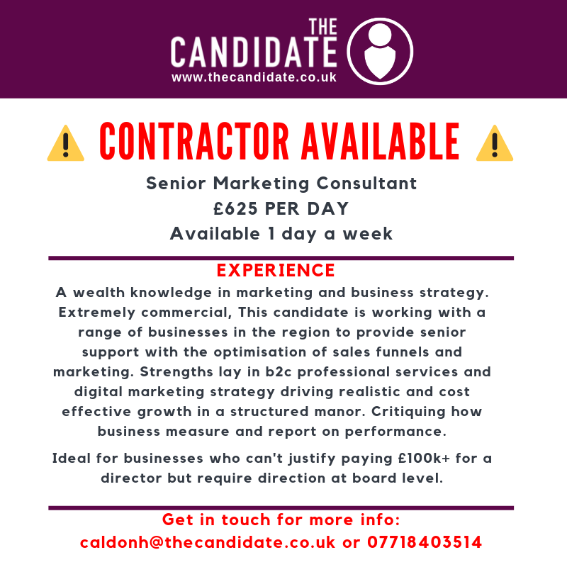 thecandidateuk's tweet photo. Is your business in need of a #directorlevel #Marketing Consultant without the £100,000 annual salary? Employing a #contractor is the perfect way to make this happen!

Get in touch with our expert Contract Recruitment Consultant on 07718403514 or caldonh@thecandidate.co.uk https://t.co/5vqKekoWrz