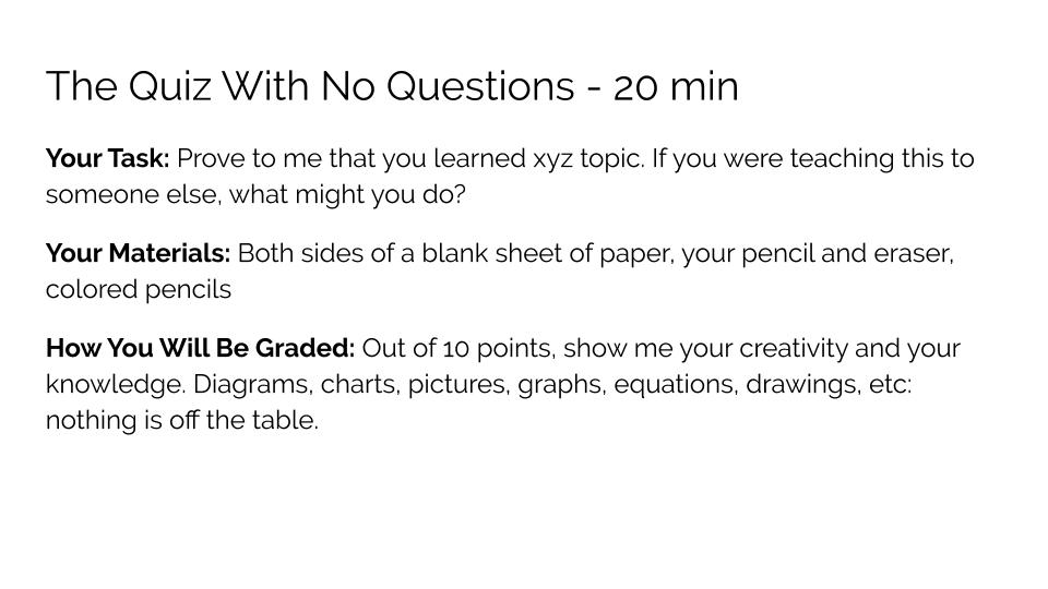 khuangedu's tweet image. Ok #mtbos and #alg1chat, I&apos;m typing up guidelines for a question-less quiz. Here&apos;s what I&apos;ve got so far. Am I missing anything?