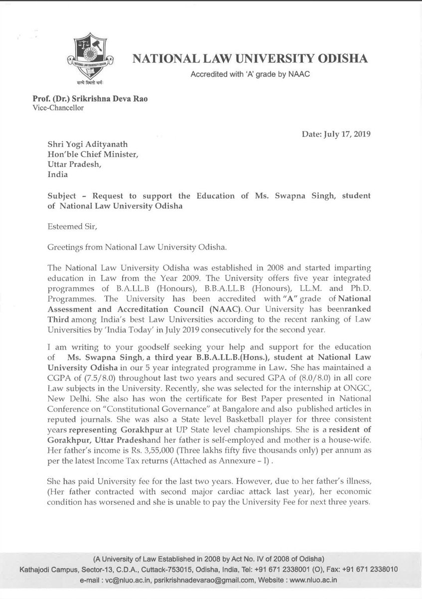 akshahi's tweet image. @myogiadityanath @PMOIndia @HRDMinistry @DrRPNishank @CMOfficeUP @Anupchandra_IAS @CMO_Odisha @ravikishann @AgrawalRMD
 #Helpforeducation , Sir , Request you as NLU Odisha has mentioned attached letter regarding Economical support of Ms. Swapna Singh , Please Help to Swapna Singh