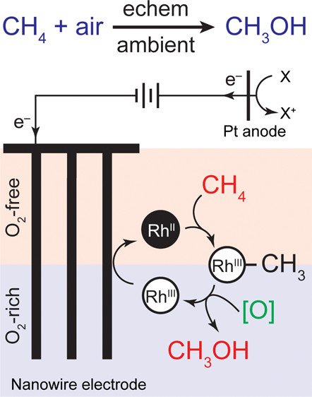 Nanowire array promotes separation of incompatible reaction steps to allow air-sensitive molecules to catalytically oxidize natural gas to alcohols in ambient air. Read the full paper by <a href="/whattodohowtodo/">Chong Liu</a> &amp; coworkers <a href="/uclachem/">UCLA Chem & Biochem</a>: pubs.acs.org/doi/10.1021/ac…

#OpenAccess