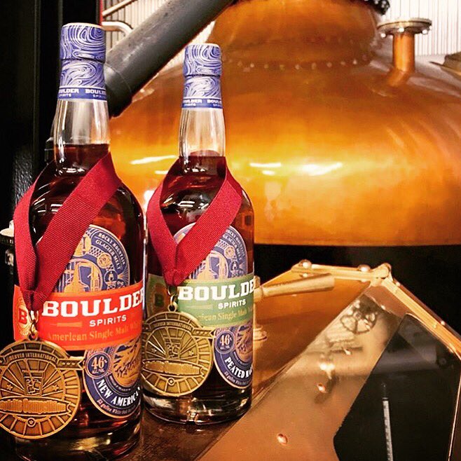 Showing off the hardware! The Denver International Spirits Competition awarded us Gold Medals for both our Boulder American Single Malts: Peated &amp; American Oak Whiskeys!!
🏆🥇🥃🥇🏆 
#BoulderSpirits #Whiskey #BoulderSingleMalt #AmericanSingleMalt #Colorado
#VaporDistillery