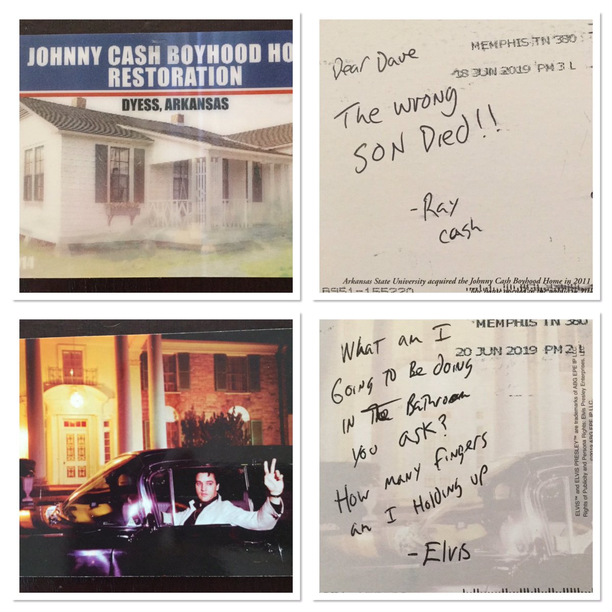 swicpodcast's tweet photo. The postcards mentioned on the show, and a glimpse of what it’s like having Tim as a friend. @neozaz @SWICDAVE #podcast #johnnycash #ElvisPresley #suckittim https://t.co/vN1wAwmt58