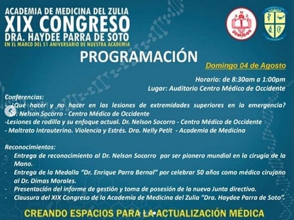 No te pierdas este viernes 02 de agosto el XIX Congreso de la Academia de Medicina del Zulia ''Dra. Haydee Parra de Soto''.

¡Asiste y aprovecha la oportunidad de participar en este Magno evento científico del 02 al 04 de agosto! 

#FmedLUZ #AcademiaDeMedicina #EventoCientífico
