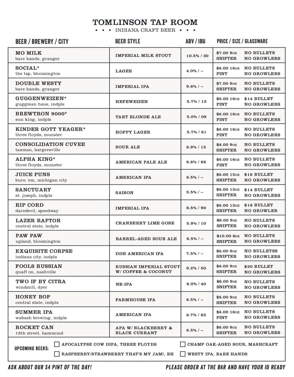 Thursday Tap List!

Welcome back <a href="/Gen_Con/">Gen Con</a>!

You know we got that table space for all you 
#gencon2019 #GenCon gamers! 

<a href="/GomezBBQ/">GOMEZ BBQ</a> &amp; <a href="/Poke_guru/">Poke Guru</a> are open until 6 &amp; 7p respectively for food options. 

We recommend carryout from <a href="/greekspizzeria/">Greek's Pizzeria Indiana</a> &amp; <a href="/PunchBurger/">Punch Burger</a> after that!