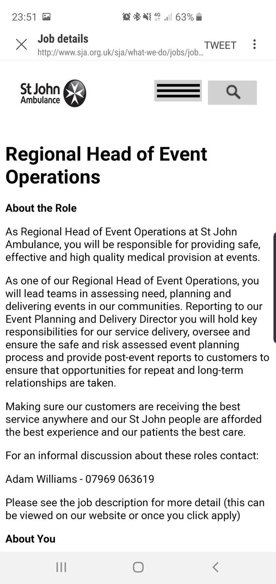 #StJohnPeople come and join @SJA_Dir_Events as a Regional Head of Event Operations.....head to CONNECT for details......