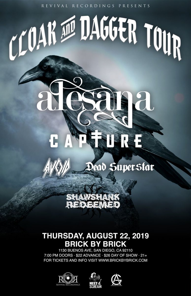 Three weeks 'til <a href="/Alesana/">Alesana</a> <a href="/CaptureMusic/">Capture</a> @avoidpnw <a href="/DeadSuperstar/">Dead Superstar</a> and <a href="/shawshanksd/">Shawshank</a>—get tix at bit.ly/32lTWYd #SanDiego <a href="/RevivalRecs/">Revival Recordings</a>