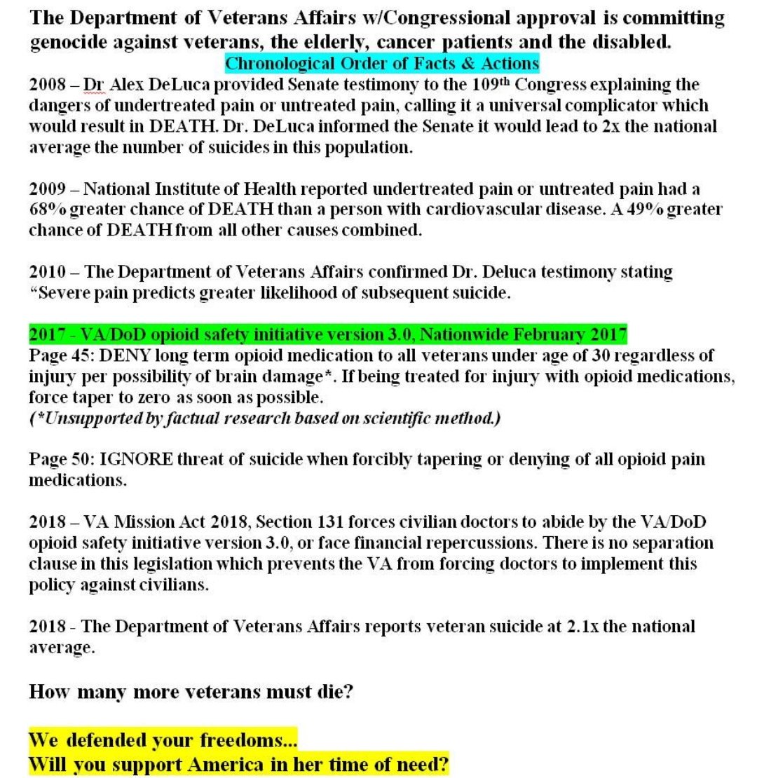 VetMe2020's tweet image. Suicides #1cause now

Lack of legal opioids 4 those who need them!
#Malpractice
Deaths by the #NewGovOpioidPolicy

NIH data proves direct suicide correlation W new policy.

#OpioidProxyWar murdering those already devastated, they protected this country.
Directive to VA green😡👇