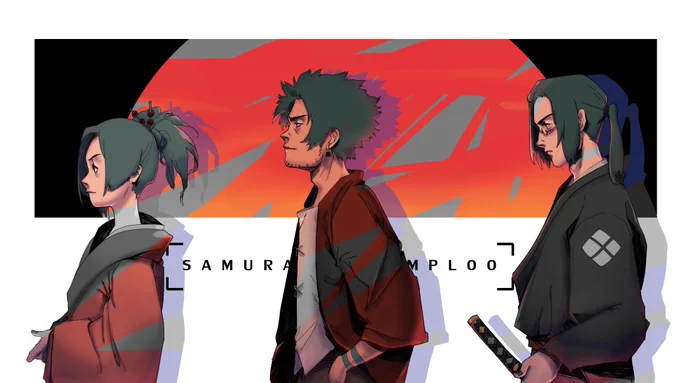its 3 AM but i finished this samurai champloo drawing!

after leaving it as a WIP for too long i forgot what i wanted this to look this to look like, so i end up trying coloring methods i normally wouldnt do 
