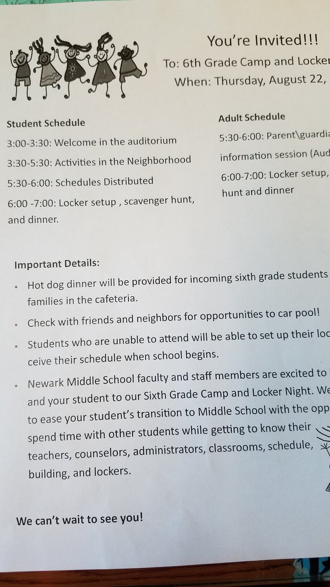 Newark_MS's tweet photo. Welcome NMS 6th graders to camp and locker night! Can't wait to see you!! https://t.co/qLVzv4FmCn