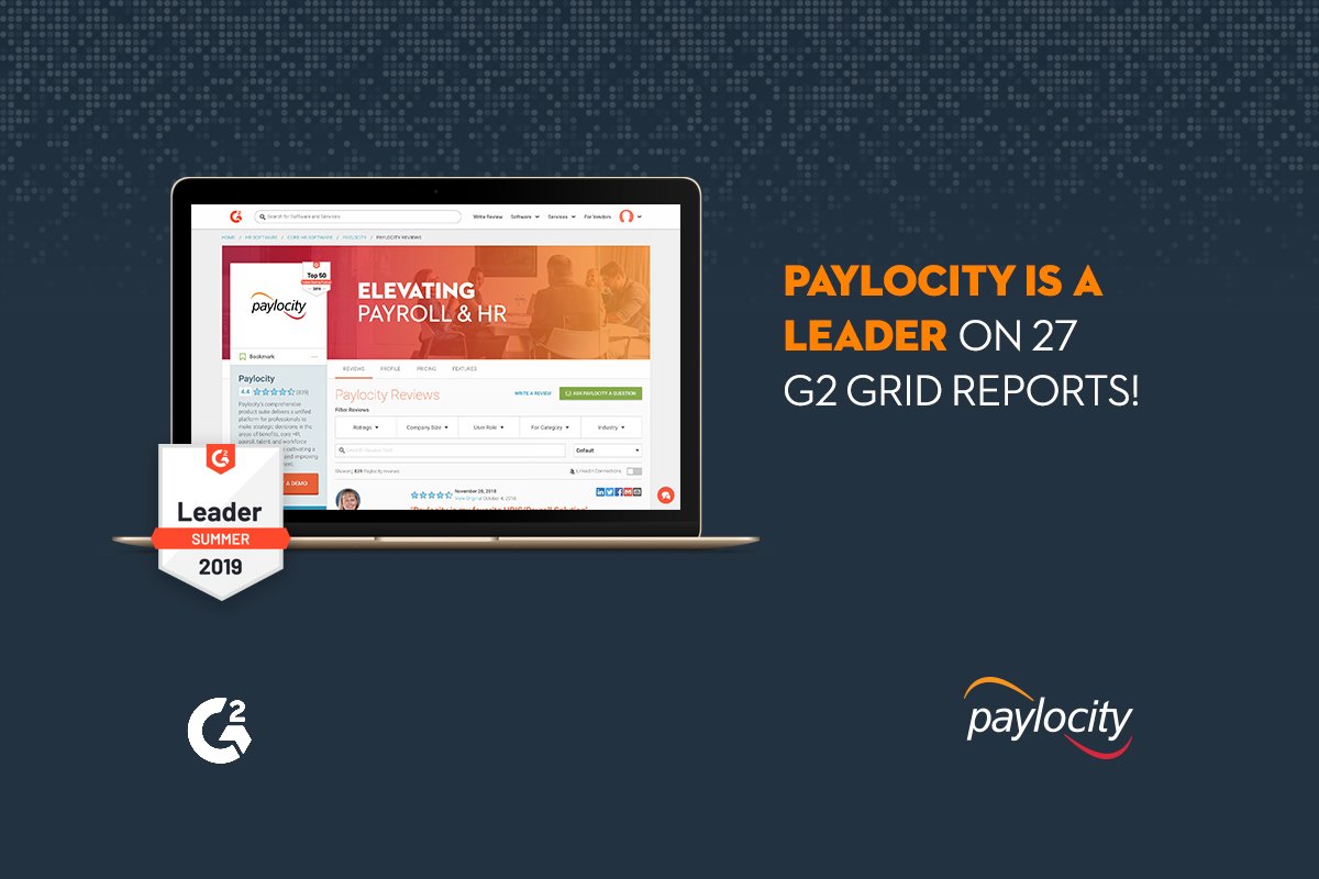 Paylocity's tweet image. We're excited to be recognized in @G2dotcom's Summer 2019 Grid Reports! Based on user data, we were named a leader in several #HCM categories:
• #HRManagement Suites
• #Payroll
• Time Tracking
• #BenefitsAdmin
• &amp;amp; more! 

Get the details: bit.ly/2YBa3Ou