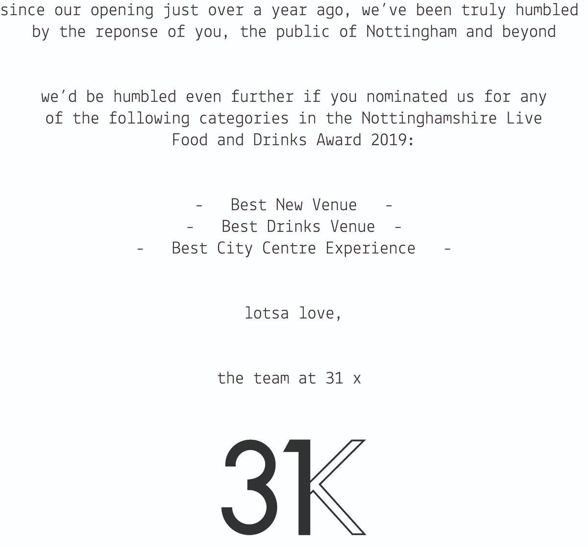 bar31k's tweet photo. Nominations for Nottinghamshire Live Food and Drink Awards 2019 are open, and 31K has the chance to be involved.

These photos show a 387-day old newspaper article about an empty space in Hockley, and the place it eventually became. 

https://t.co/MYQM7IMtEj <- voting here https://t.co/pfzyZKxXiy