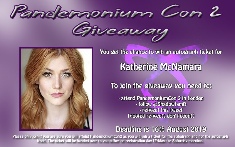 The first of four giveaways is starting today!

Autograph ticket for <a href="/Kat_McNamara/">Katherine McNamara</a>!

Rules:
- follow us (<a href="/ShadowfamD/">Neighbors of Idris ➰🇩🇪</a>)
- RT this tweet (quoted tweets don't count)
You need to attend #PanCon2!!

Deadline: 16th August

Good luck!

#Shadowhunters