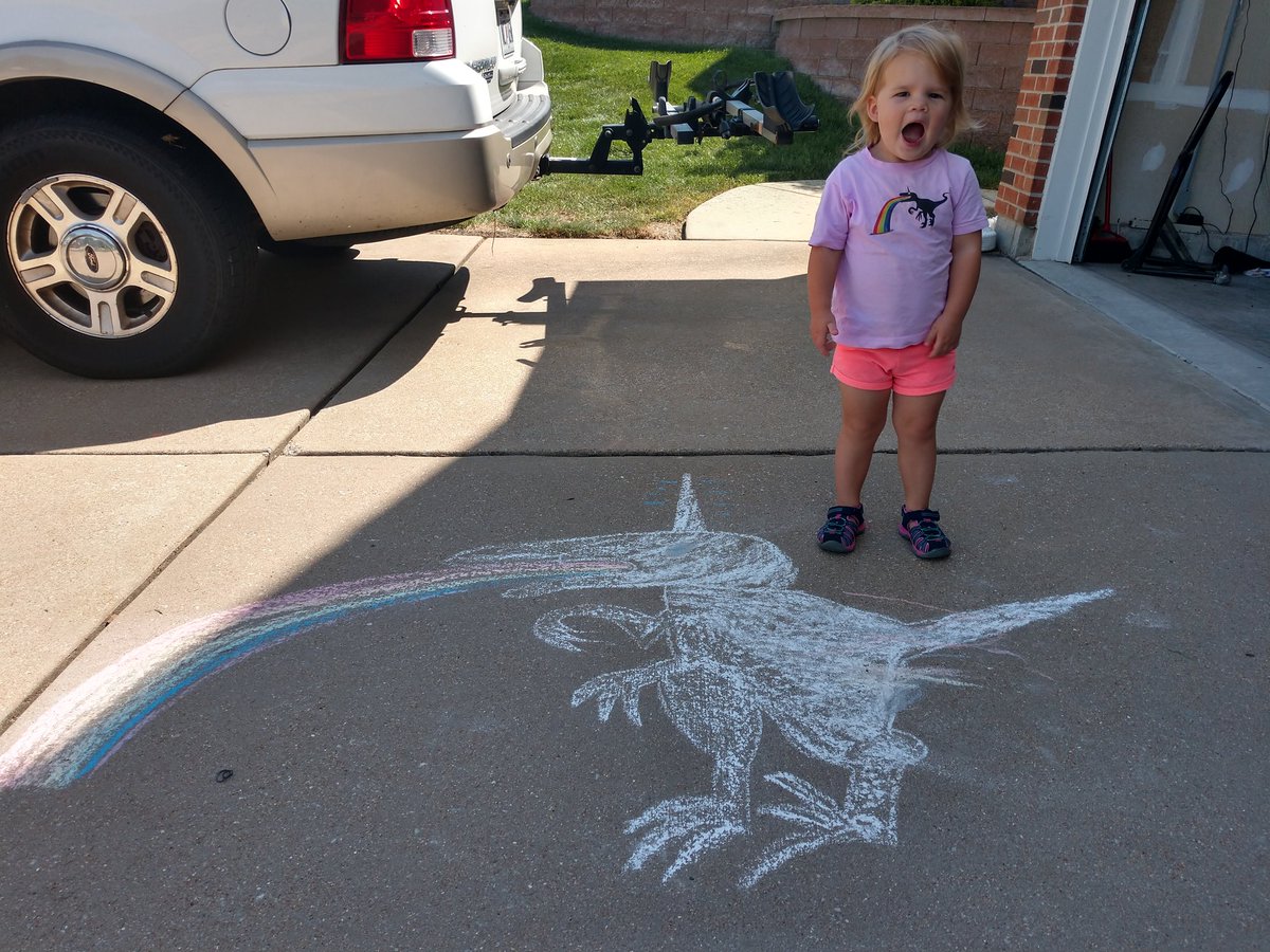 s1037989's tweet image. I love it! Rainbow dysaur shirt and matching sidewalk chalk! #mojolicious #perl5