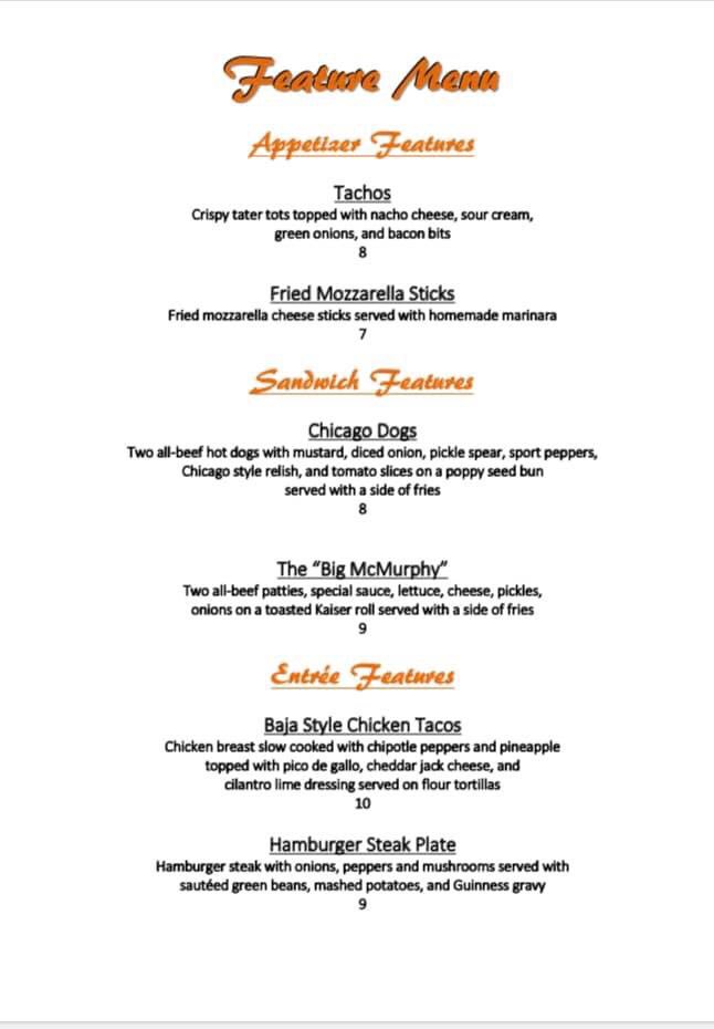 New Feature Menu at AJ’s!  We look forward to serving you!