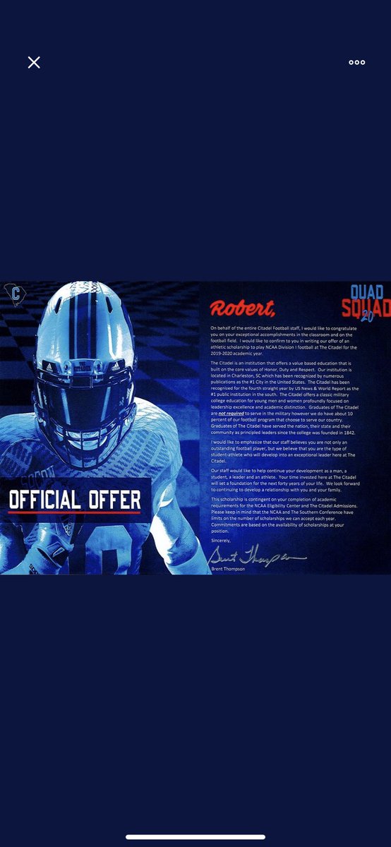 _yxng_rob's tweet photo. Extremely blessed to receive an official offer!!💠 from @COACH_JW_WARD @CitadelFootball @theRealBSReport @RecruitGeorgia https://t.co/uHB6gkRwdx