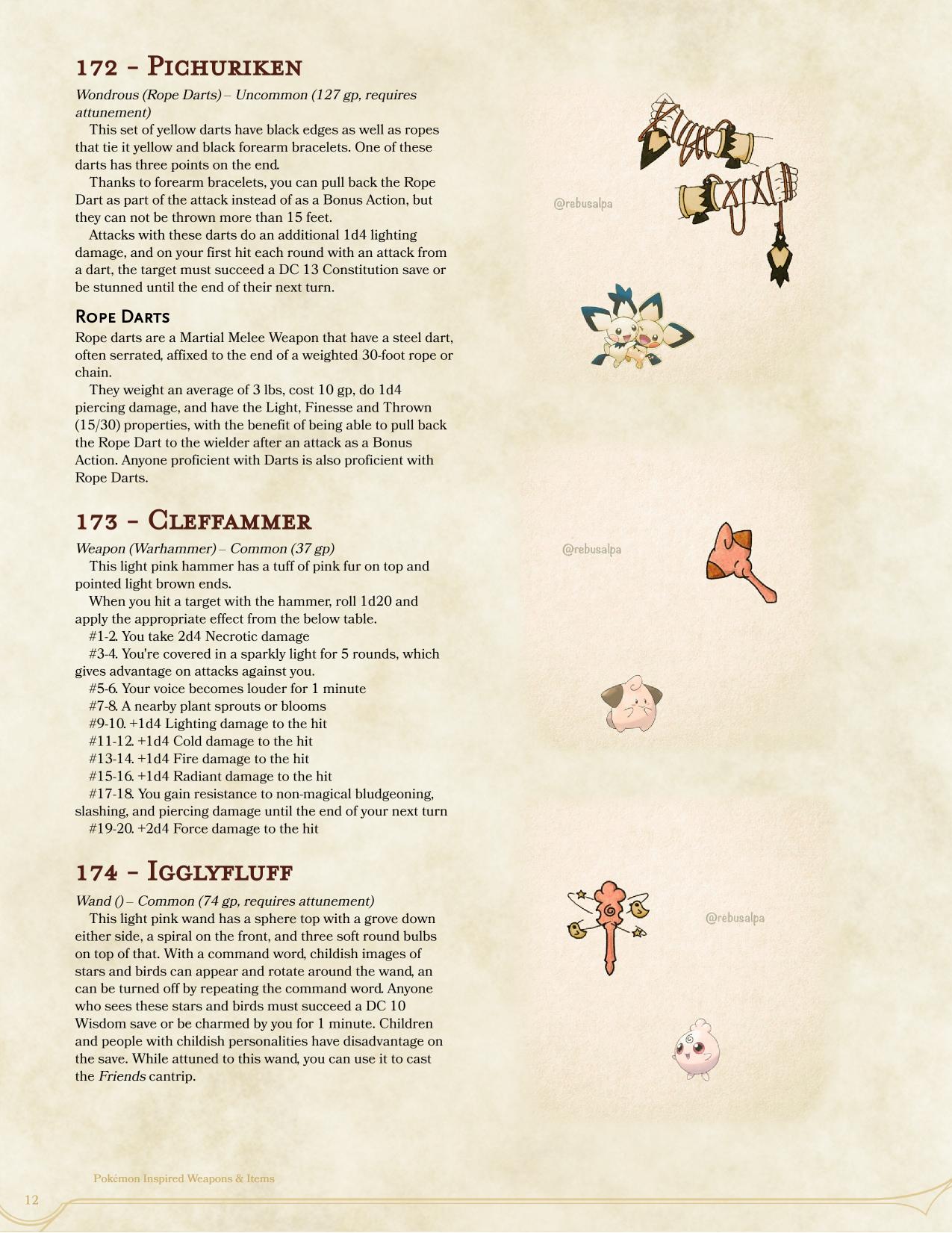 Forester Designs on X: #DnD #Pokemon Magic Items based on art by  @rebusalpa, p81, #Pichu, #Cleffa & #Igglybuff, with some electric rope darts,  a warhammer with some random effects, and a wand