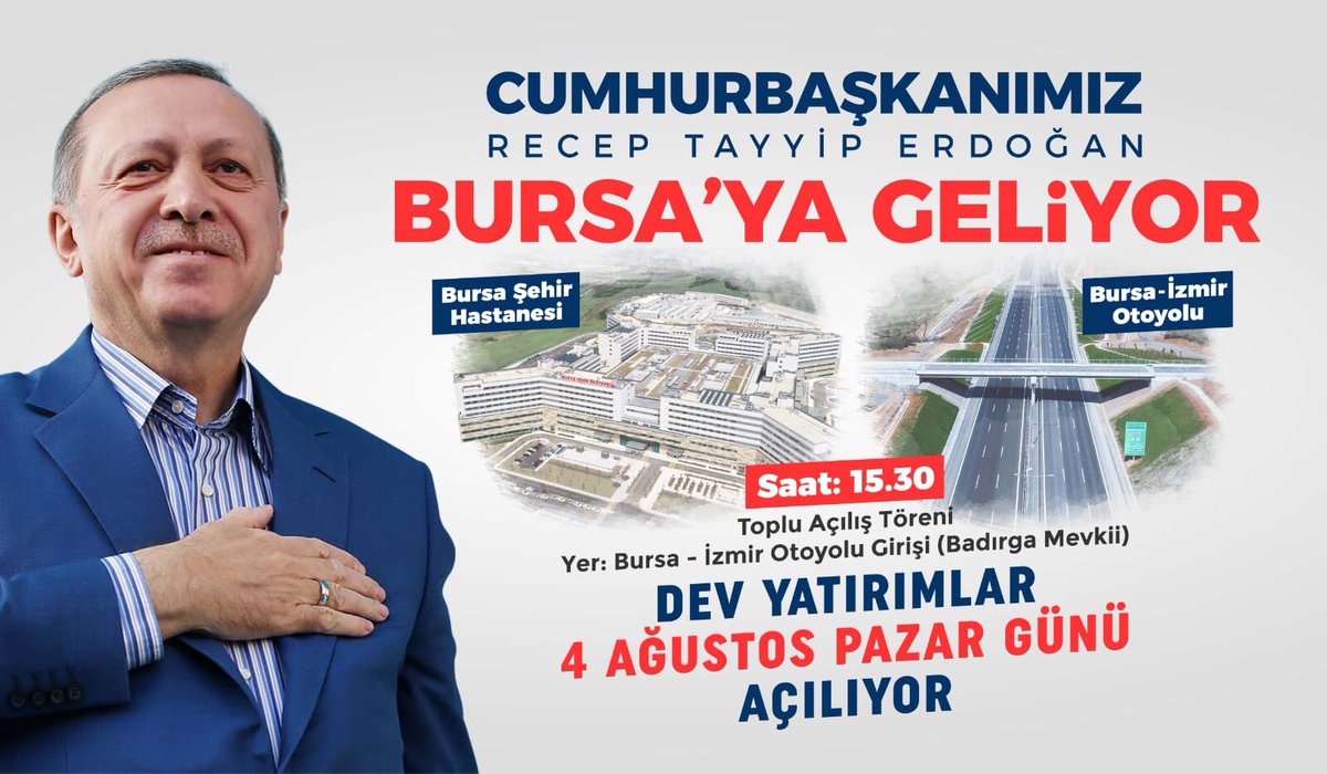 4 Ağustos Pazar günü Saat: 15.30
Devlet Başkanı @RTErdogan
 Evliyalar Şehri Bursa da .. 

#hazırmıyızbursa 

@ayhan_salman  @MsamilYiGiT @mehmetkanarmkp