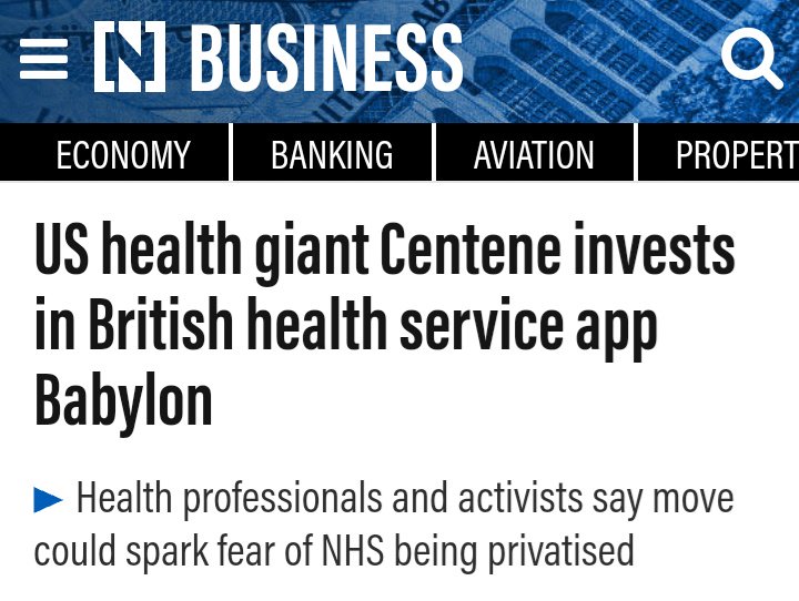 DrMurphy11's tweet photo. You Could Not Make This Up👇
One of the largest US healthcare companies, Centene Corporation, is taking a $50 million stake in @babylonhealth, the creator of @GPatHand, which is @MattHancock's very own GP Practice. #ToryPromise https://t.co/HfglTzgAOa