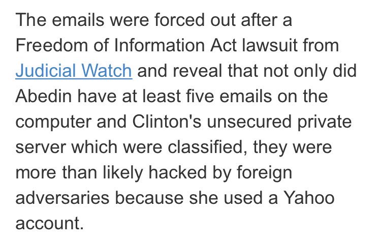 12 Worse yet, that account were found on Anthony Weiner’s laptop.- Weiner was her husband- Weiner is a disgraced pedophile- classified info was on his computer https://townhall.com/tipsheet/katiepavlich/2018/01/02/huma-abedin-had-classified-information-on-anthony-weiners-computer-and-it-probably-got-hacked-n2429107