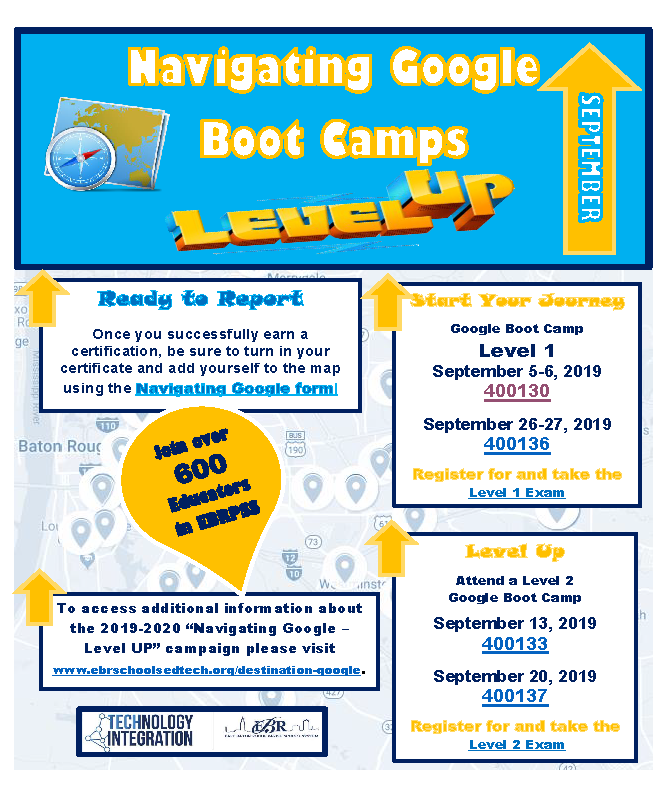 EdtechEbr's tweet photo. Registration is now open for EBR Google Certification Bootcamps! Check out our Google Certification Map and information about our 2019-20 LEVEL UP campaign! https://t.co/cuiwbmd6c4 #EdTechEBR #LevelUp2020 @pd_ebr https://t.co/J0r5BYItJn