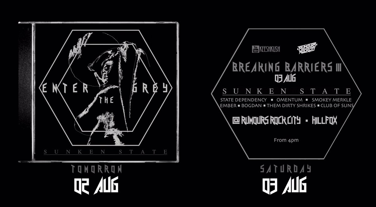 Our EP "Enter the Grey" will be available tomorrow on all platforms 🤟🔥🤟🔥 In celebration we will be playing alongside some super sick bands this Saturday at Breaking Barriers III Rumours Rock City Hillfox  🔨🔨🔨 keen to see you all there 🤙 #metal #heavymetal #metalsa #groove