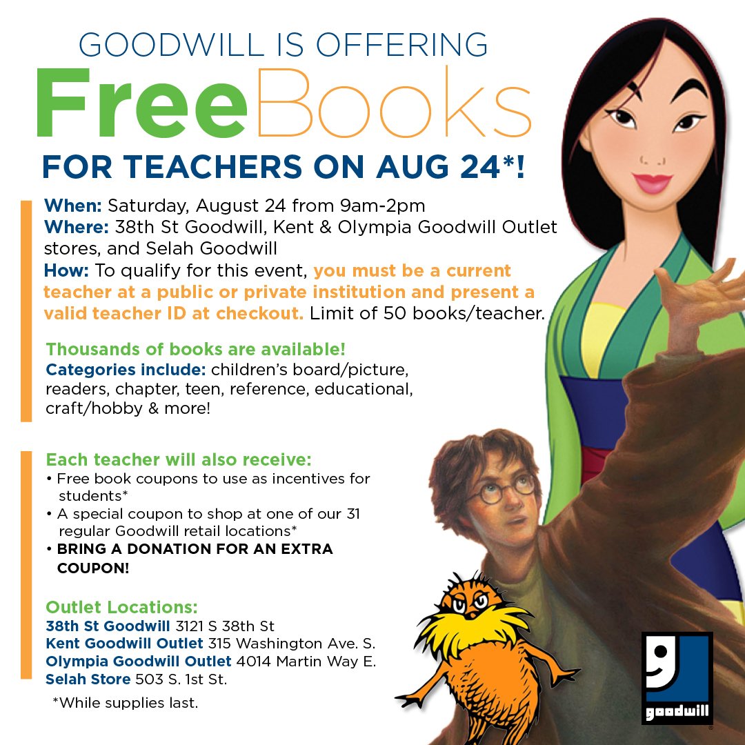 One of my favorite programs! >> RT <a href="/goodwillwa/">Goodwill Oly Rainier</a>: It's back! The 4th annual Teacher Book Giveaway is Aug. 24th.  Tag all your teacher friends - all teachers will receive up to 50 free kids books for their classrooms.