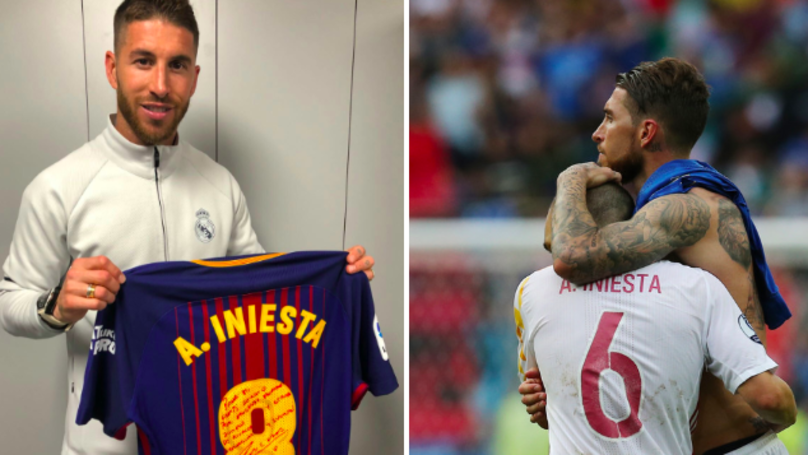 BarcaUniversal's tweet photo. 🗣️ — Sergio Ramos (Real Madrid): “Iniesta is the boyfriend that every mother wants her daughter to have. The figures over his career tell you all you need to know. He is a magical player. There are few players in the world that can compare to him.” https://t.co/RjmOxpCre2