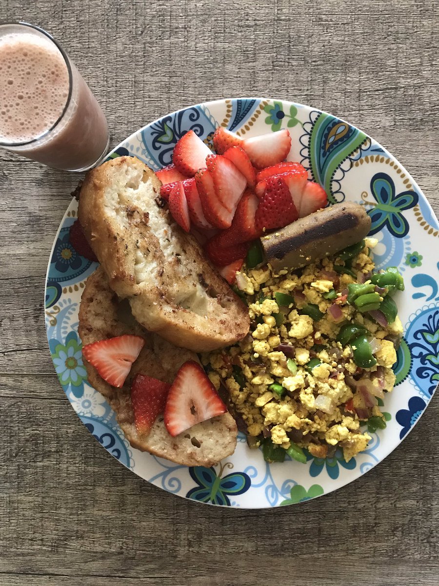 Breakfast for dinner!  medicated french toast, tofu scramble and field roast sausage with a medicated strawberry & matcha smoothie 