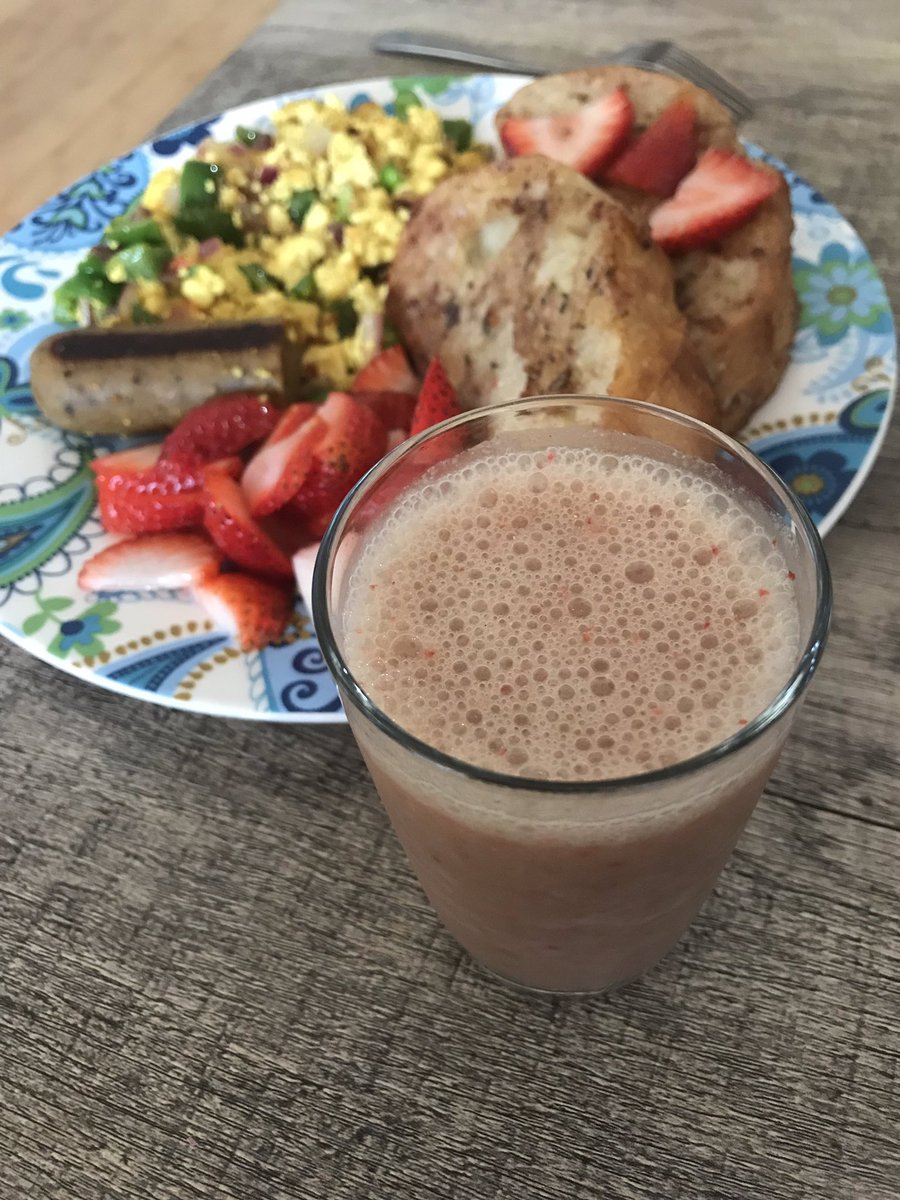 Breakfast for dinner!  medicated french toast, tofu scramble and field roast sausage with a medicated strawberry & matcha smoothie 
