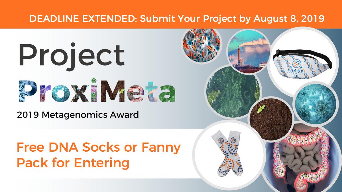 PhaseGenomics's tweet photo. 1 week left to enter #ProjectProxiMeta for a FREE #metagenomics project, sequencing included. Generate high-quality genomes and associate plasmids &amp; #phage with hosts. Submit your research idea and get free #socks or a fanny pack! Enter here:(https://t.co/zhRCo5LOZM) #microbiome https://t.co/kOjVcfBs87