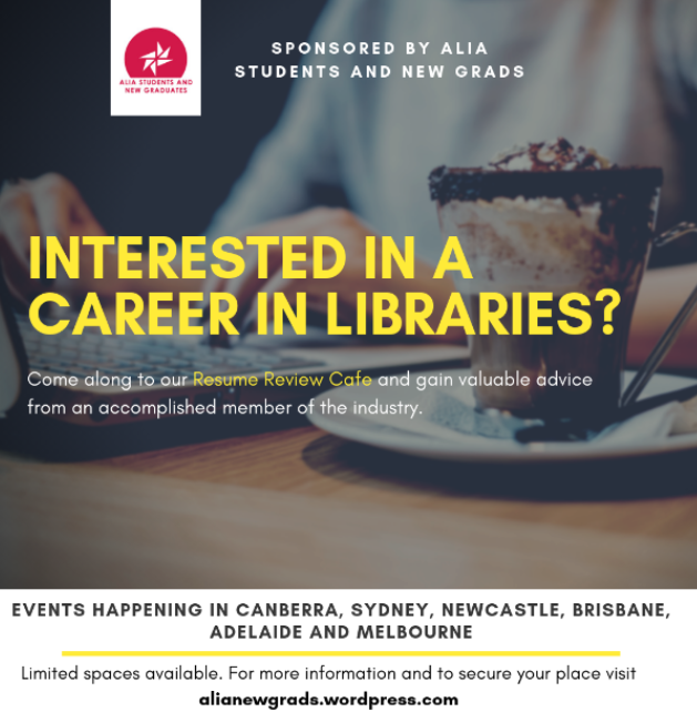 ALIANewGrads's tweet photo. Our resume review cafes are happening in Brisbane, ACT, Sydney, Newcastle, Melbourne &amp; Adelaide! Come along and gain valuable advice from an accomplished member of the #GLAMR industry 

https://t.co/ykgkWNEppV https://t.co/qMMDX7LdJb