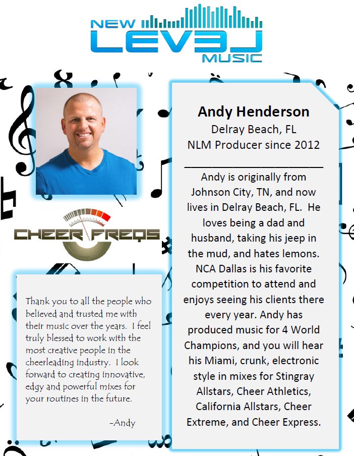 NewLevelMusic's tweet photo. It’s time to #meetyourproducer! 

Andy Henderson
Cheer Freqs
@cheerfreqs 

Who’s working with Andy this season?? 
#teamnewlevel 🎶💙📶 https://t.co/RSXOTRvST9